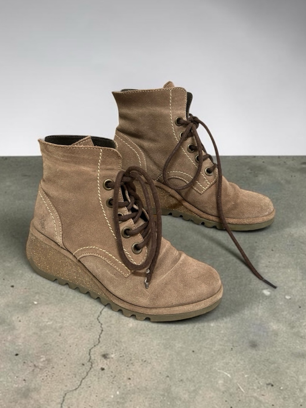 FLY London Nerofly Brown Suede Lace Up Wedge Boots Size 38